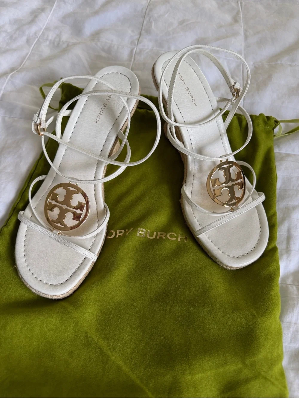 Tory Burch White Leather Strappy Sandals with Gold Logo Accent